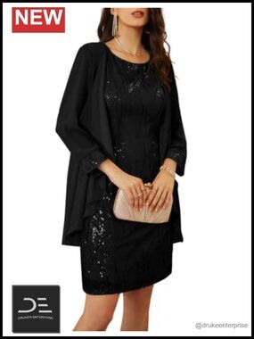 Sequined Two Piece Jacket Dress Formal Wedding Guest Bodycon Knee Length